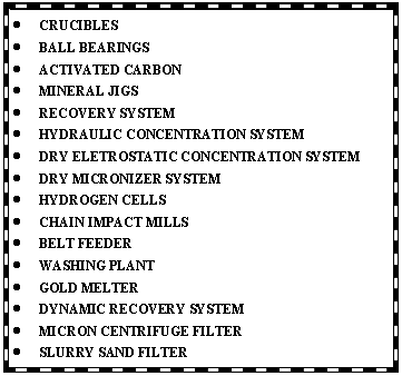 Caixa de texto: CRUCIBLESBALL BEARINGSACTIVATED CARBONMINERAL JIGSRECOVERY SYSTEMHYDRAULIC CONCENTRATION SYSTEMDRY ELETROSTATIC CONCENTRATION SYSTEMDRY MICRONIZER SYSTEMHYDROGEN CELLSCHAIN IMPACT MILLSBELT FEEDERWASHING PLANTGOLD MELTERDYNAMIC RECOVERY SYSTEMMICRON CENTRIFUGE FILTERSLURRY SAND FILTER